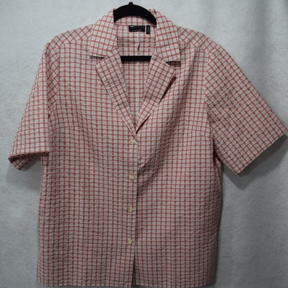 ASOS DESIGN Women's Size 6 boxy oversized revere shirt in stone dad plaid NWOT